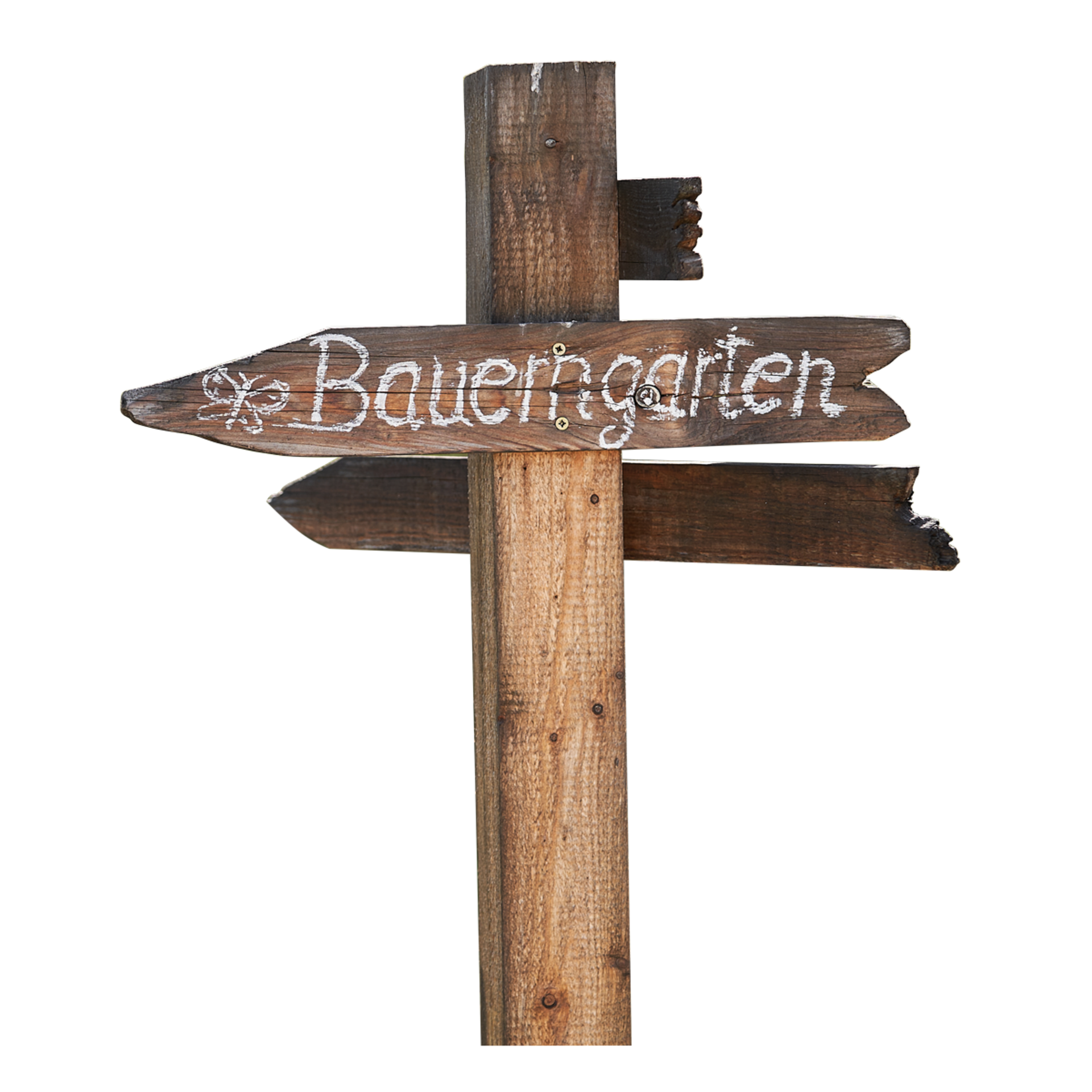 Holzwegweiser mit der Aufschrift 'Bauerngarten' in weißer Kreide Holzwegweiser mit der Aufschrift 'Bauerngarten' in weißer Kreide