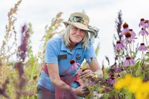 Gärtnerin zwischen bunten Blumen