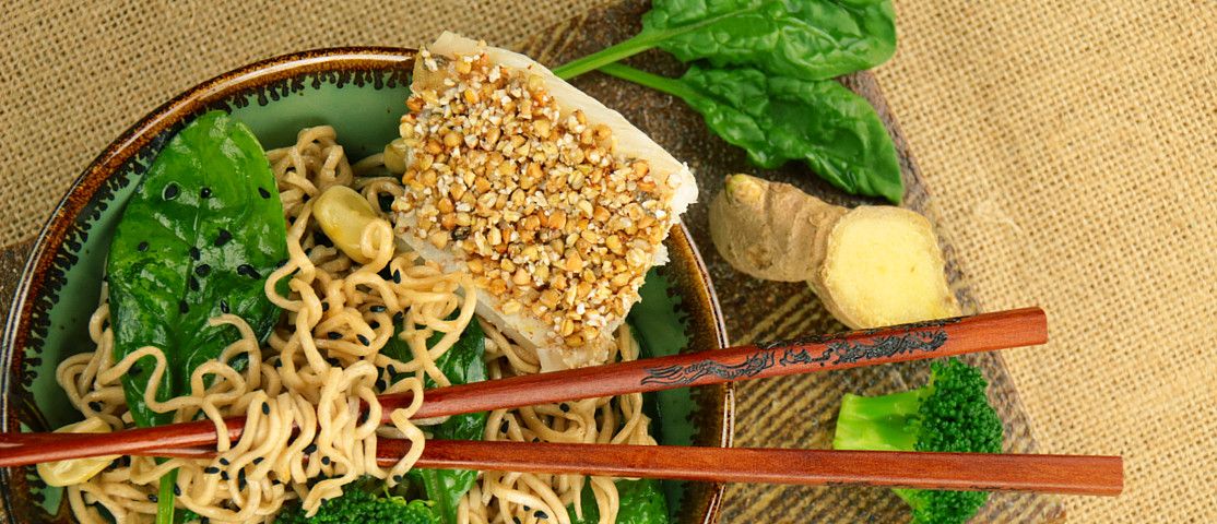 Asian Mie-Noodle stir-fry  with pike-perch fillet